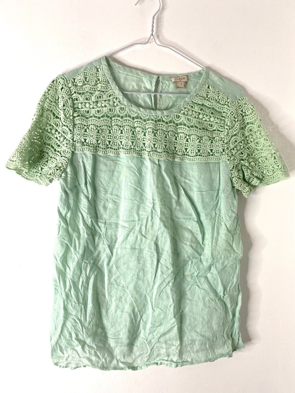 J. Crew Green 100 Linen Lace Short Sleeve Blouse Keyhole Back Top